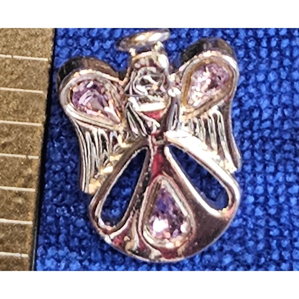 Vintage G.S.S. Signed Silver Tone Angel Pin Lavender Rhinestone Guardian